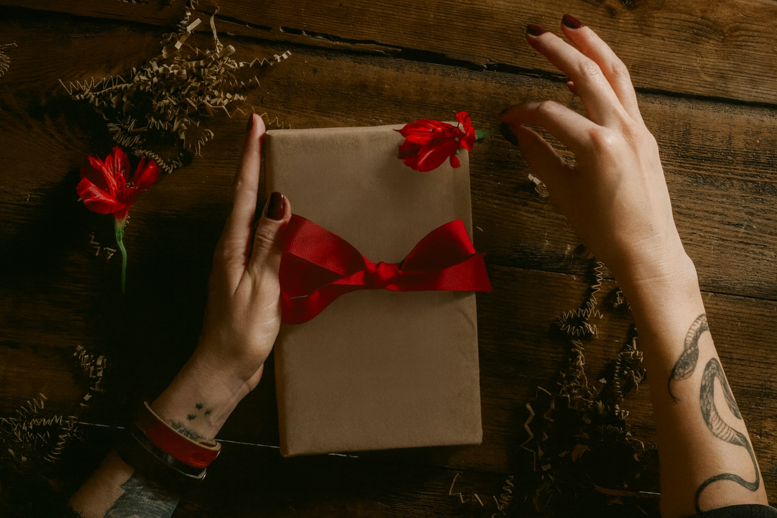 des mains de femme tiennent un cadeau en forme de livre avec un paquet cadeau sobre et un noeud rouge